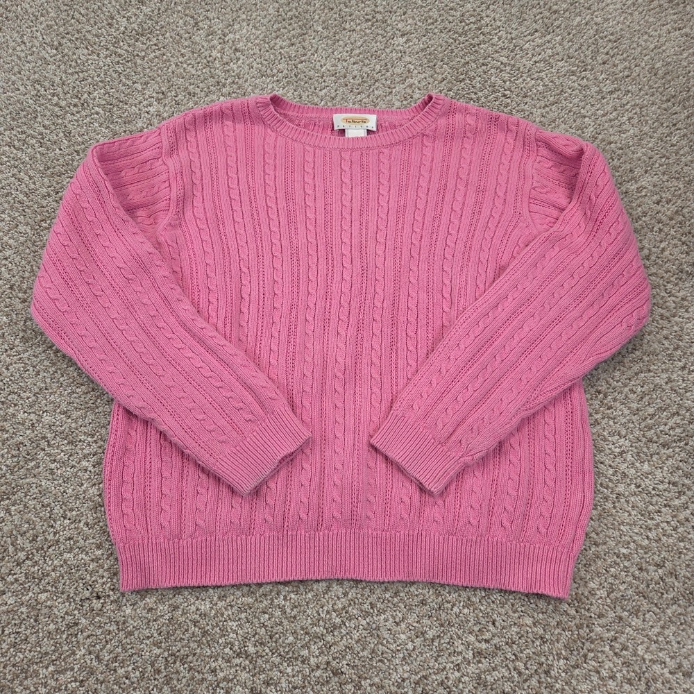 Talbots Cable Knit Sweater M Pink 100% Cotton Crew Neck Pullover Cozy Preppy